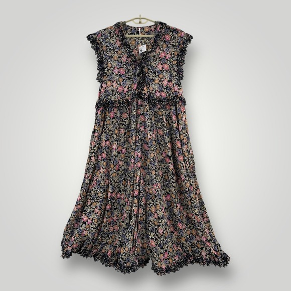 Free People Dresses & Skirts - NEW Free People Maxi Dress Womens M Black Pink Floral Lace Boho OB1254357 India